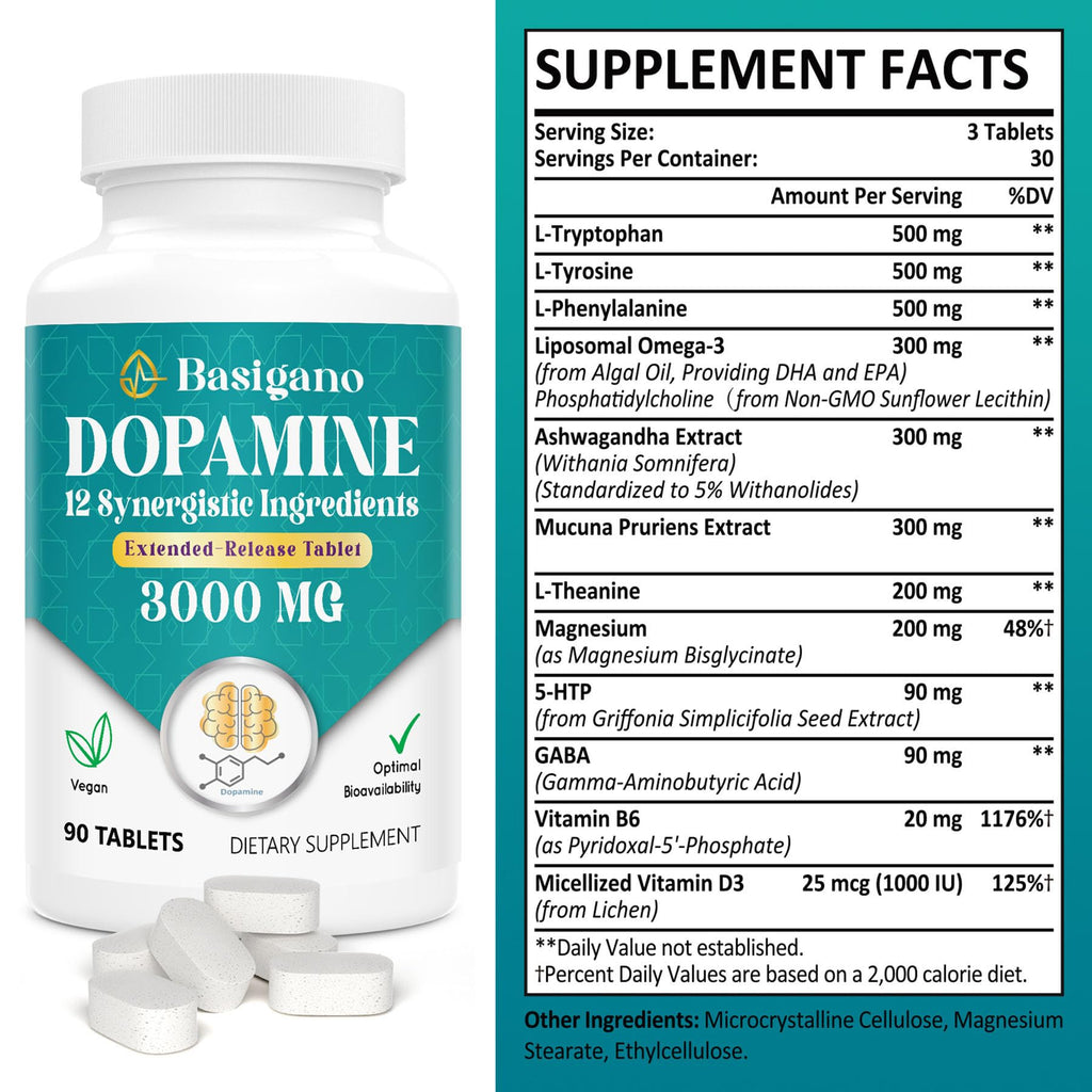 Basigano Natural Dopamine Supplement - Gluten-Free - 90 Tablets(Pack of 2)