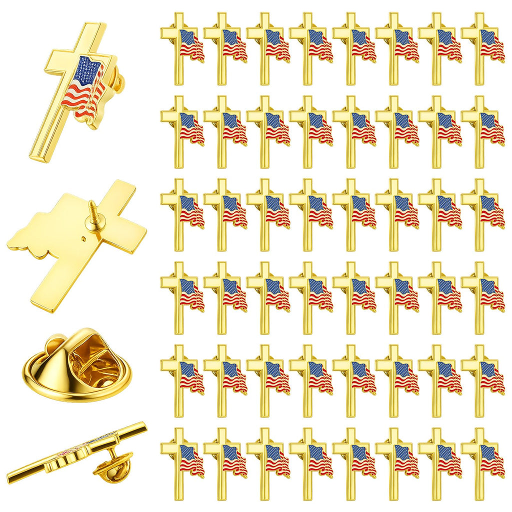 Huquary 24 Pcs Patriotic Cross with Waving American Flag Metal USA Flag Lapel Pins for American Patriotic Suits Jackets Hats Backpacks Clothes Decor