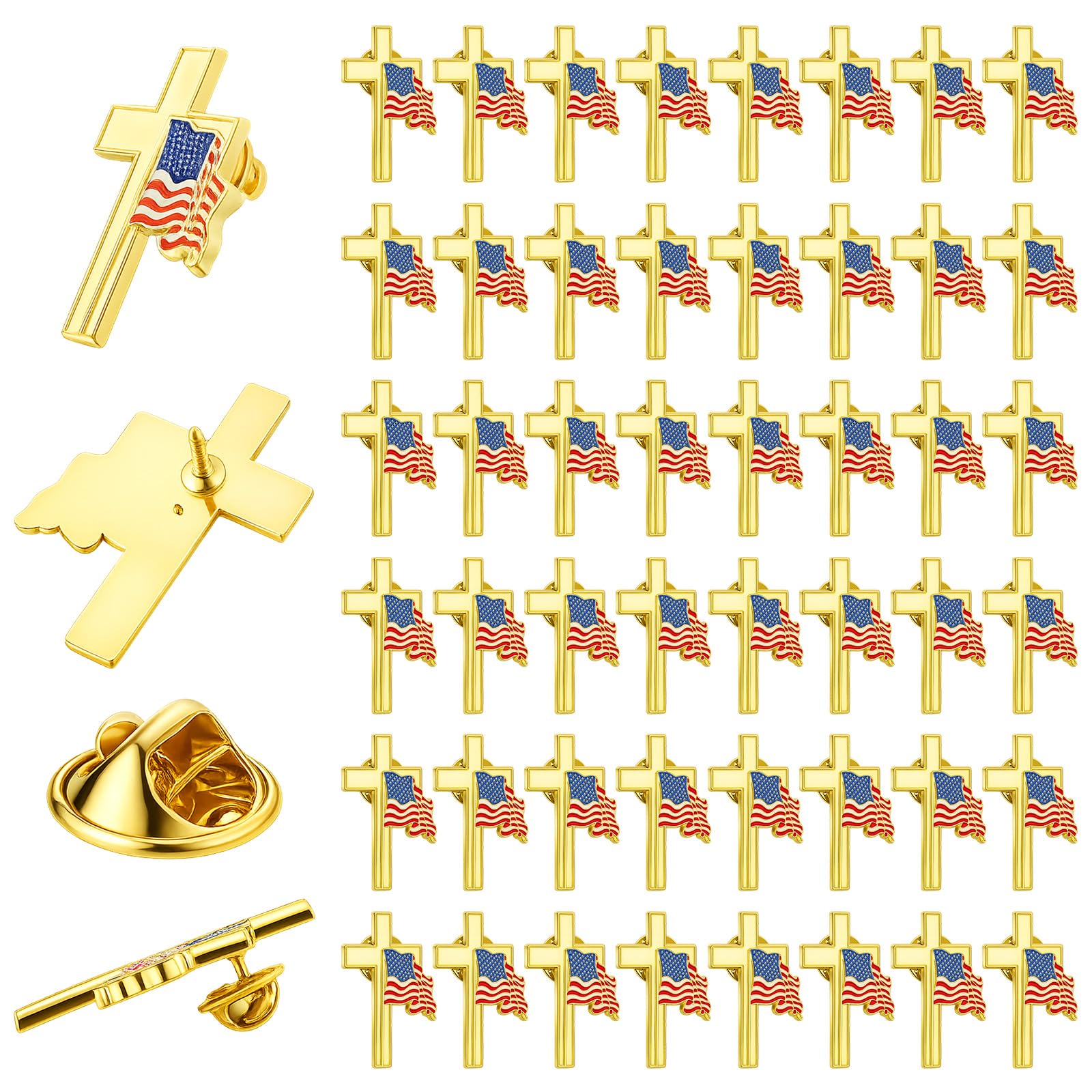 Huquary 24 Pcs Patriotic Cross with Waving American Flag Metal USA Flag Lapel Pins for American Patriotic Suits Jackets Hats Backpacks Clothes Decor