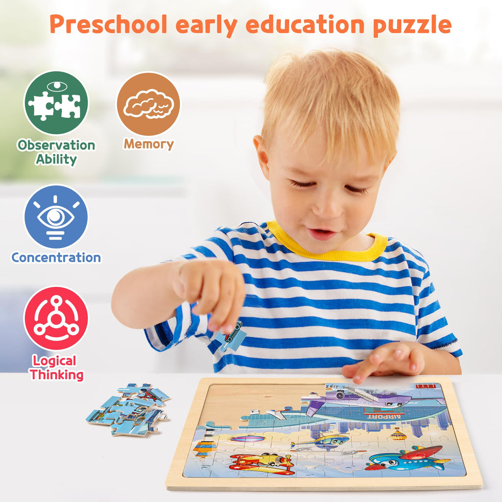 SYNARRY Large Wooden Vehicle Jigsaw Puzzles for Kids Ages 4-8, 60-Piece