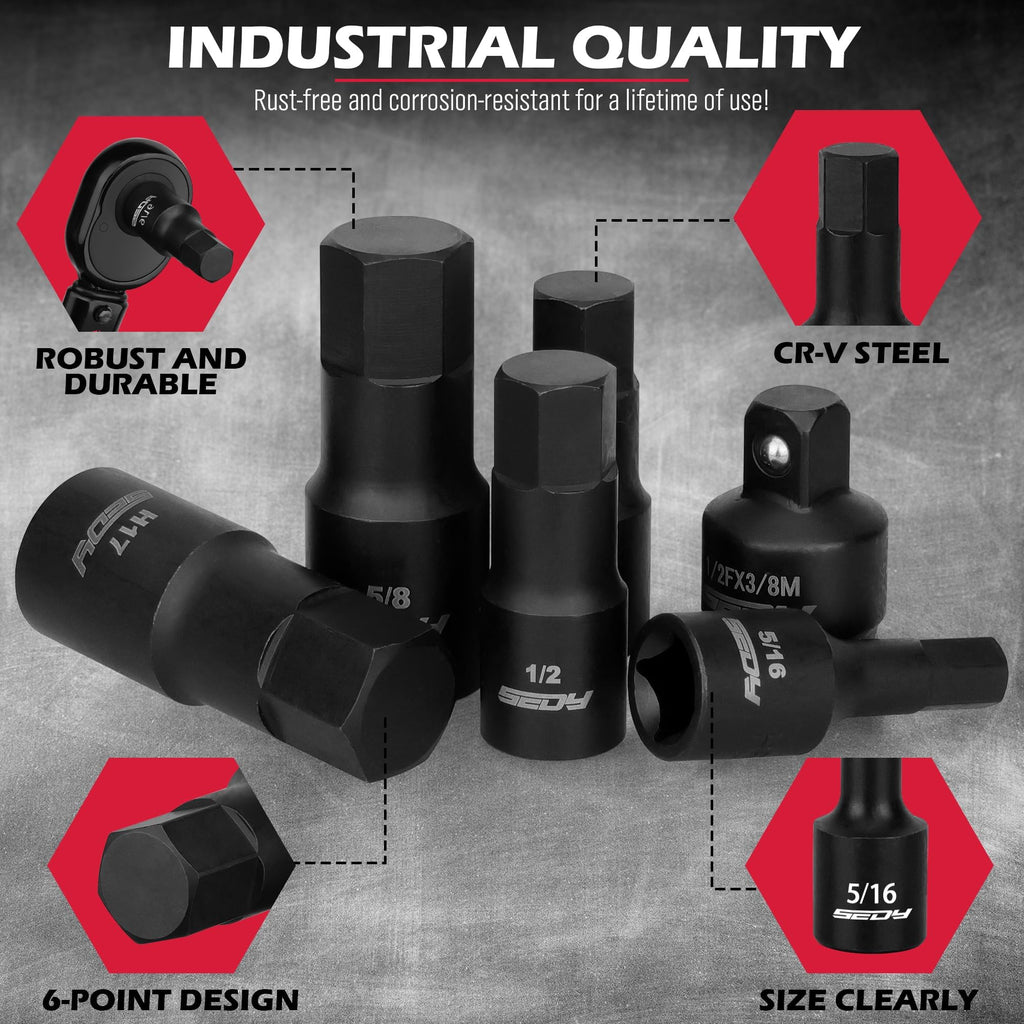 Hex Bit Impact Socket Set: 36-Piece with 4 Adapters, 1/4" 3/8" 1/2" Drive Master Allen Impact Socket Set, SAE and Metric, H5-H19 & 3/4"-5/64", Heavy Duty Storage Case, Automotive Mechanic