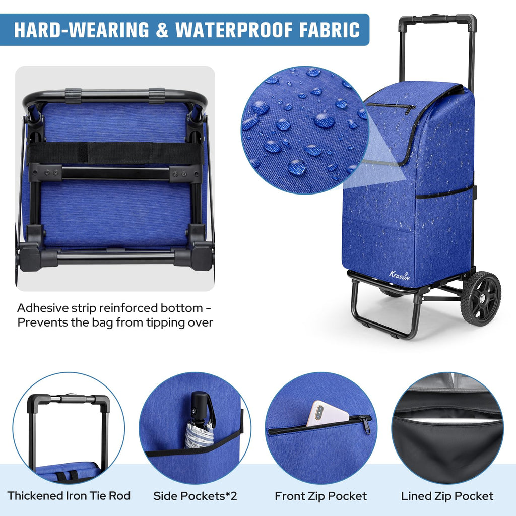 KEDSUM 2 in 1 Shopping Carts for Groceries, 330 lbs Grocery Cart on Wheels, Foldable Utility Carts with Wheels, Load-Bearing Hand Truck with Waterproof Bag for Shopping, Camping, Laundry, Garden, Blue