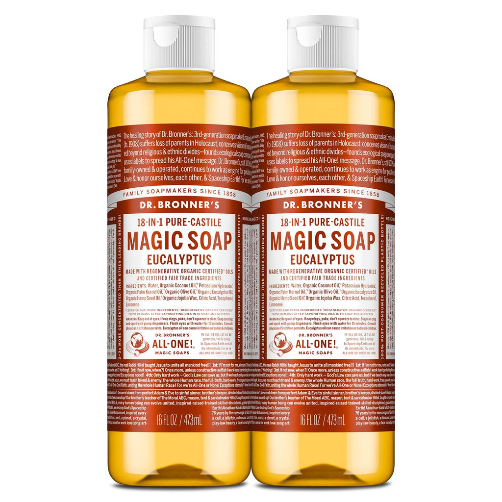 Dr. Bronner's Magic Soap - Pure-Castile Liquid Soap (Eucalyptus, 16 ounce, 2-Pack) -Regenerative Organic Certified Oils, 18-in-1 Uses: Body, Hair, Laundry, Pets & Dishes, Concentrated, Vegan, Non-GMO