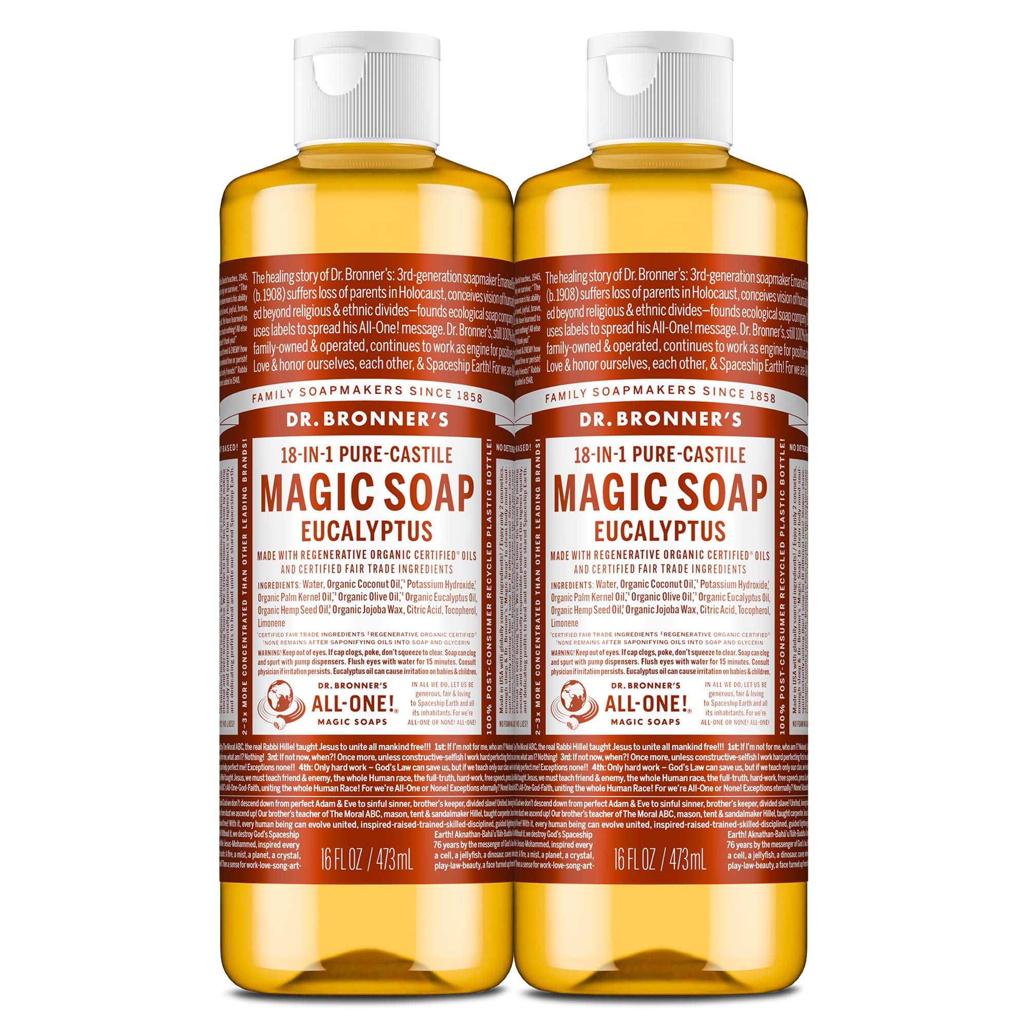 Dr. Bronner's Magic Soap - Pure-Castile Liquid Soap (Eucalyptus, 16 ounce, 2-Pack) -Regenerative Organic Certified Oils, 18-in-1 Uses: Body, Hair, Laundry, Pets & Dishes, Concentrated, Vegan, Non-GMO