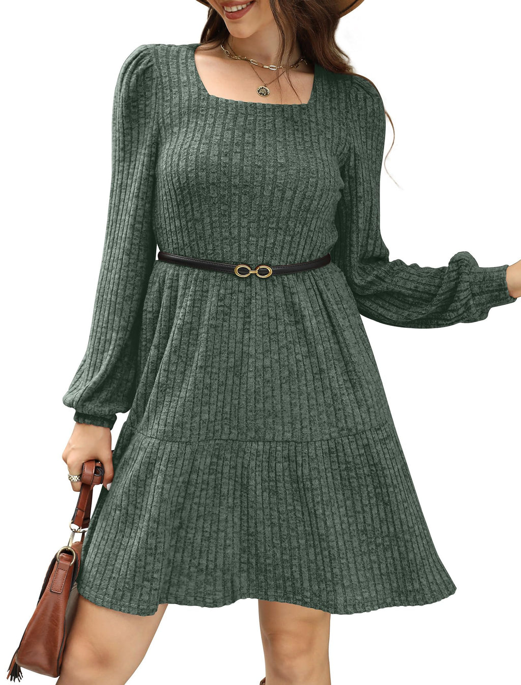 Womens Dresses Fall Fashion Square Neck Christmas Long Sleeve Spring Maternity Statement Holiday Dress with Pockets Winter Clothing Cowboy Chic 2026 Green M