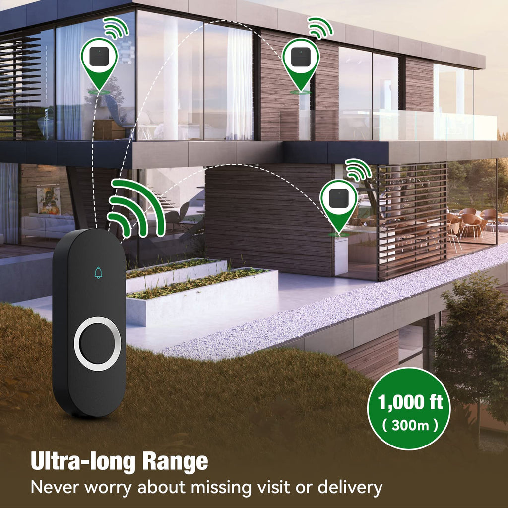 AIDA Lighted Wireless Doorbell for Home, Waterproof Battery Doorbell Wireless 1,000ft Range, 5 Volume Levels with 58 Chimes & LED Flash on Receiver (Black, 2 transmitters & 1 Receiver)