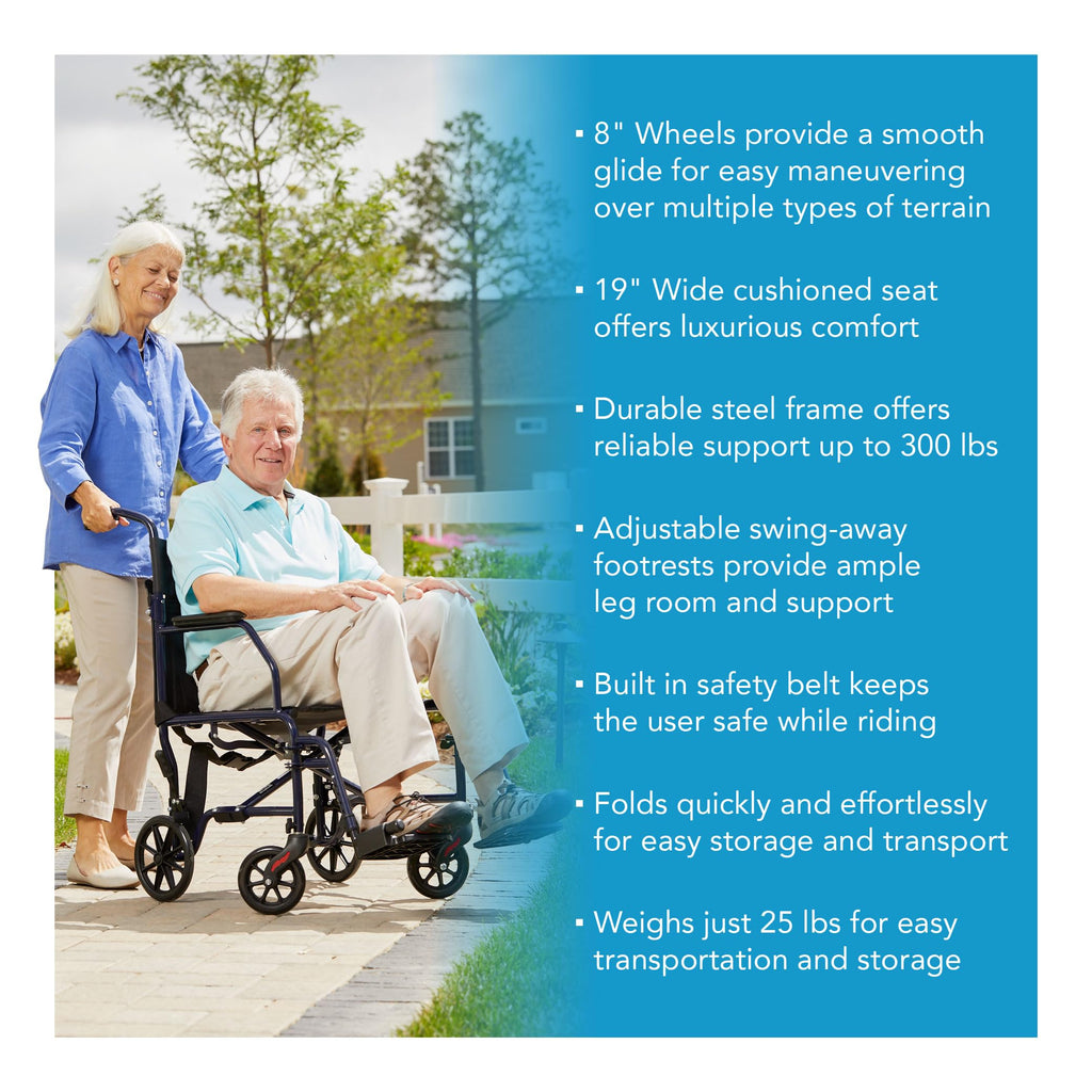 Carex Transport Wheelchair With 19 inch Seat, Folding Transport Chair with Foot Rests, Foldable Lightweight Wheelchair Foldable for Storage and Travel