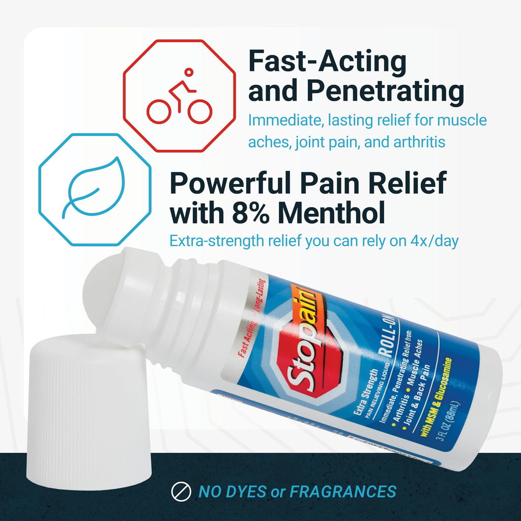 Stopain Pain Relief Roll On Gel 3oz (3 Pack) USA Made, Max Strength Fast Acting with MSM, Glucosamine, Menthol for Lower Back, Knee, Neck, HSA FSA Approved Topical Analgesic Products