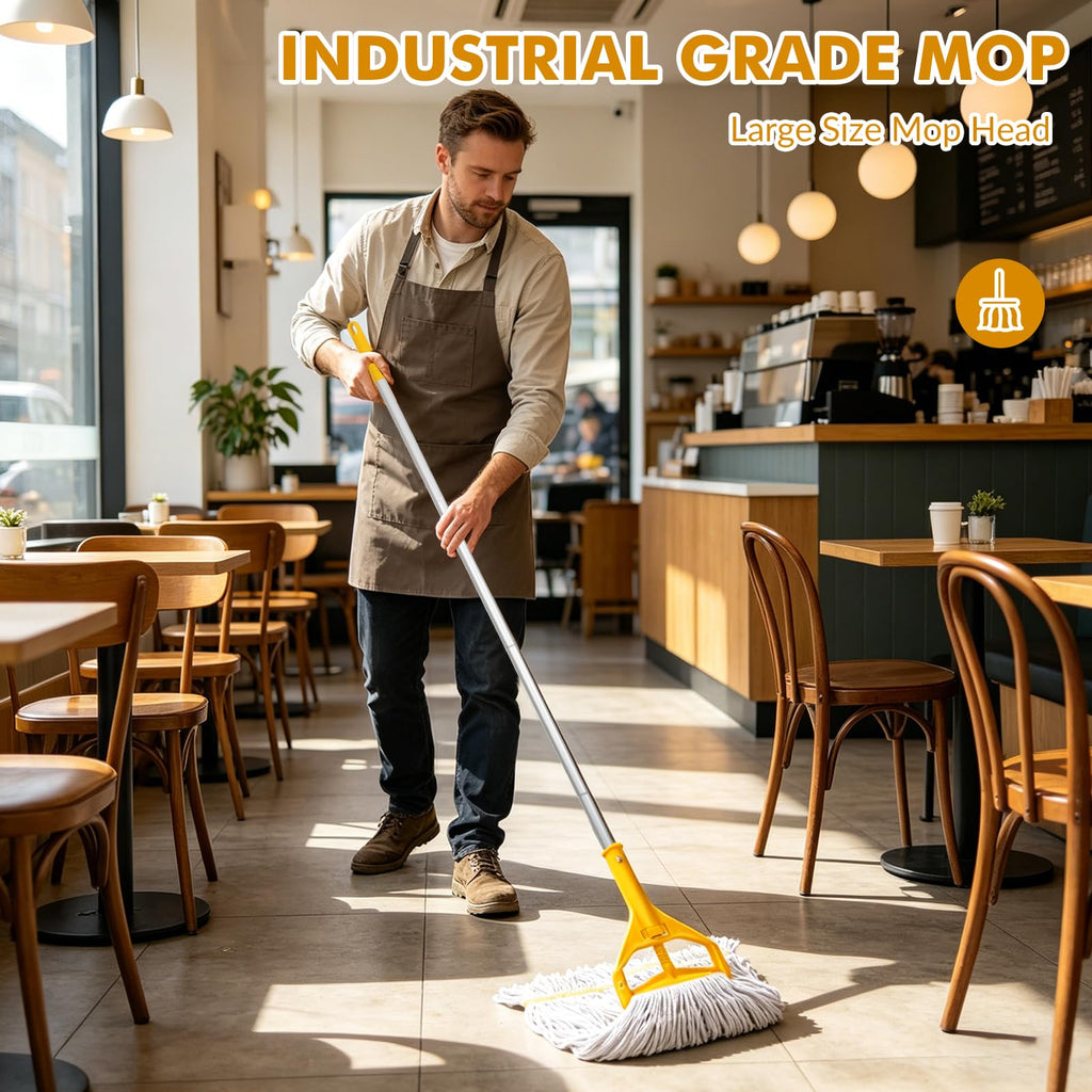 Commercial Mop Heavy Duty Industrial Mop- 3 Extra Large Cotton Looped Heads, 61" Aluminum Handle Mops for Concrete/Tile/Garage Floors-Home, Kitchen