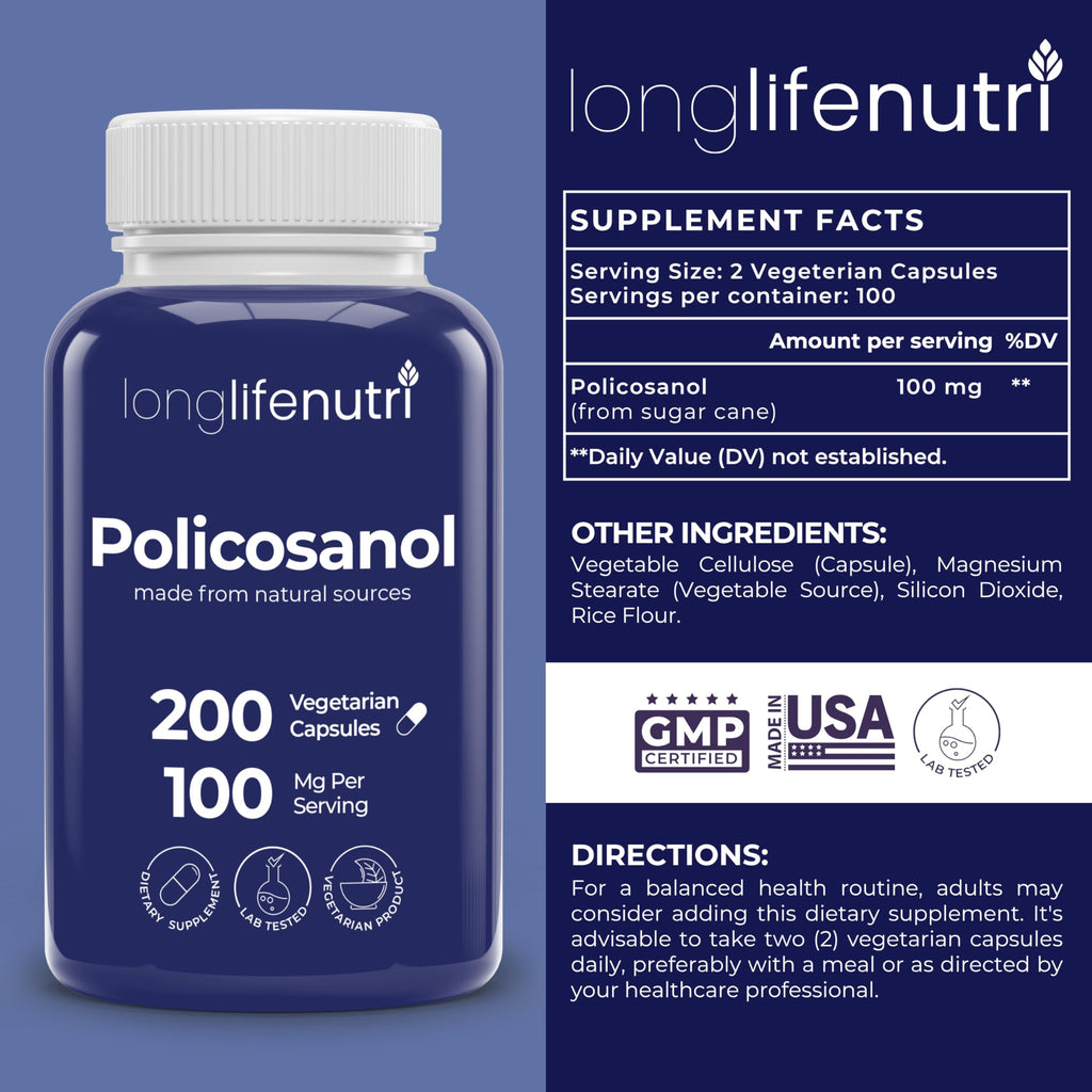 LongLifeNutri Policosanol 100mg - 200 Vegetarian Capsules, Natural Sugar Cane Supplement for Balanced Cholesterol, 3-Month Supply, Non-GMO, Lab Tested, Made in USA