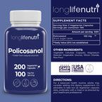 LongLifeNutri Policosanol 100mg - 200 Vegetarian Capsules, Natural Sugar Cane Supplement for Balanced Cholesterol, 3-Month Supply, Non-GMO, Lab Tested, Made in USA