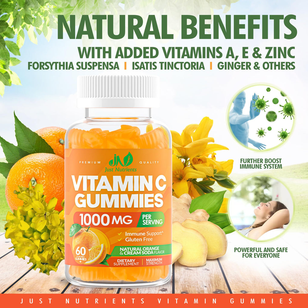 Vitamin C Gummies 1000mg – Chewable Multivitamin for Adults & Kids with Zinc for Immune & Collagen Support – Maximum Strength, Natural Orange Flavor – Gluten Free, Non-GMO, Vegetarian – 60 Gummies