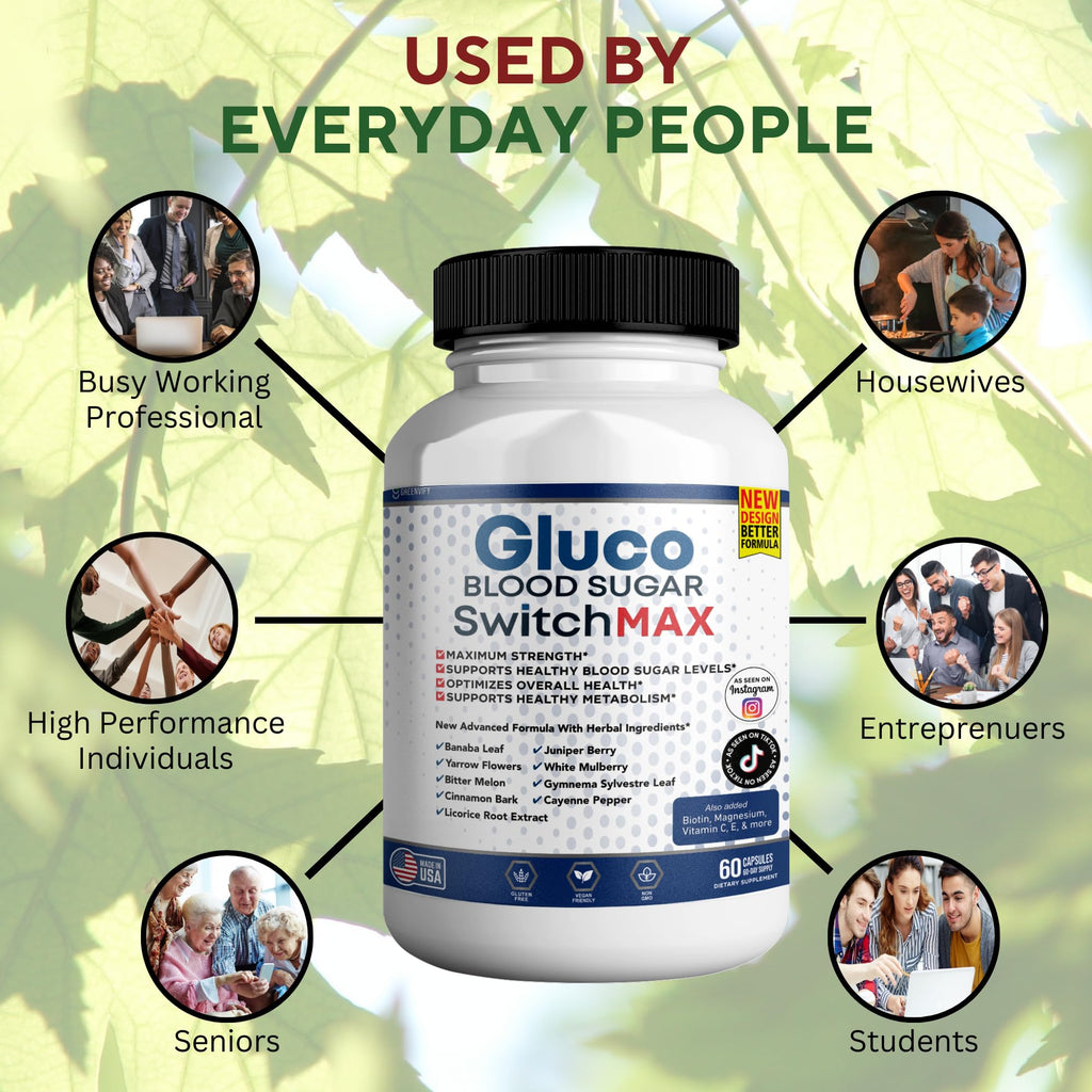 GREENVIFY Gluco Blood Sugar Switch Max, Advanced Glucose Level Maintenance Complex, 60 Capsules