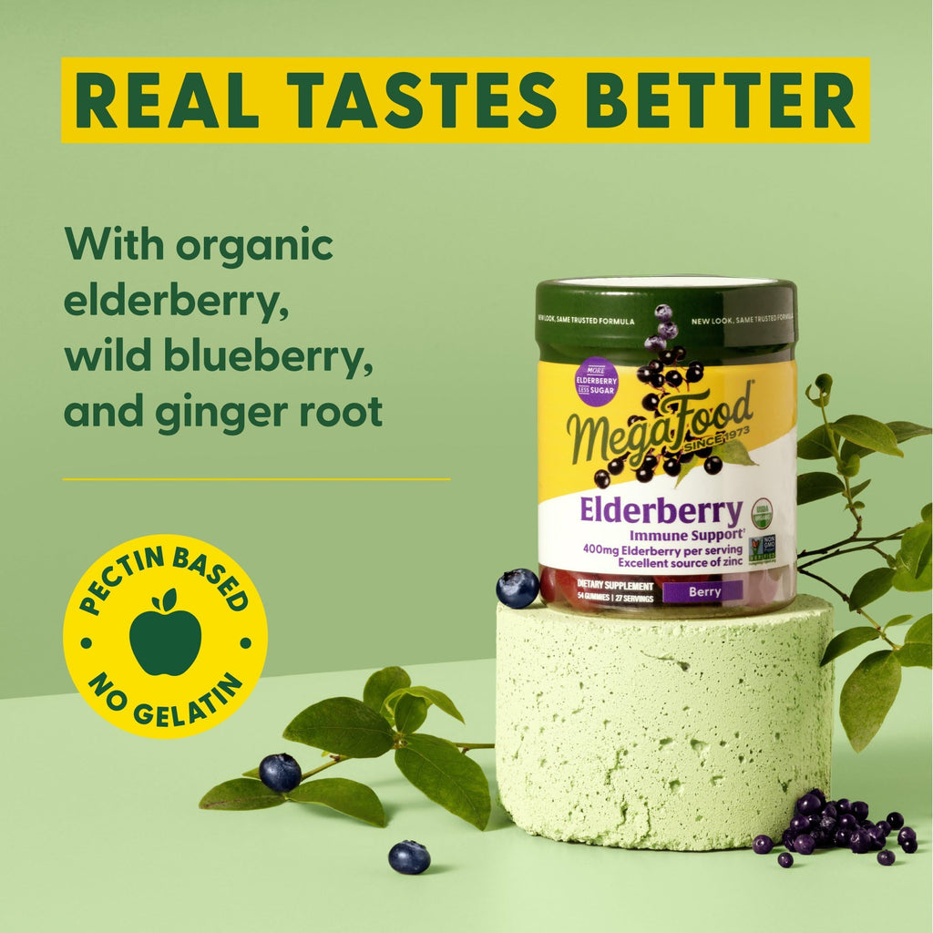 MegaFood Elderberry Immune Support Supplement - Vegan Elderberry Gummies for Adults - Made with Zinc and Real Food - Pectin-Based, Gluten-Free, USDA Organic - 54 Gummies, 27 Servings (Pack of 2)