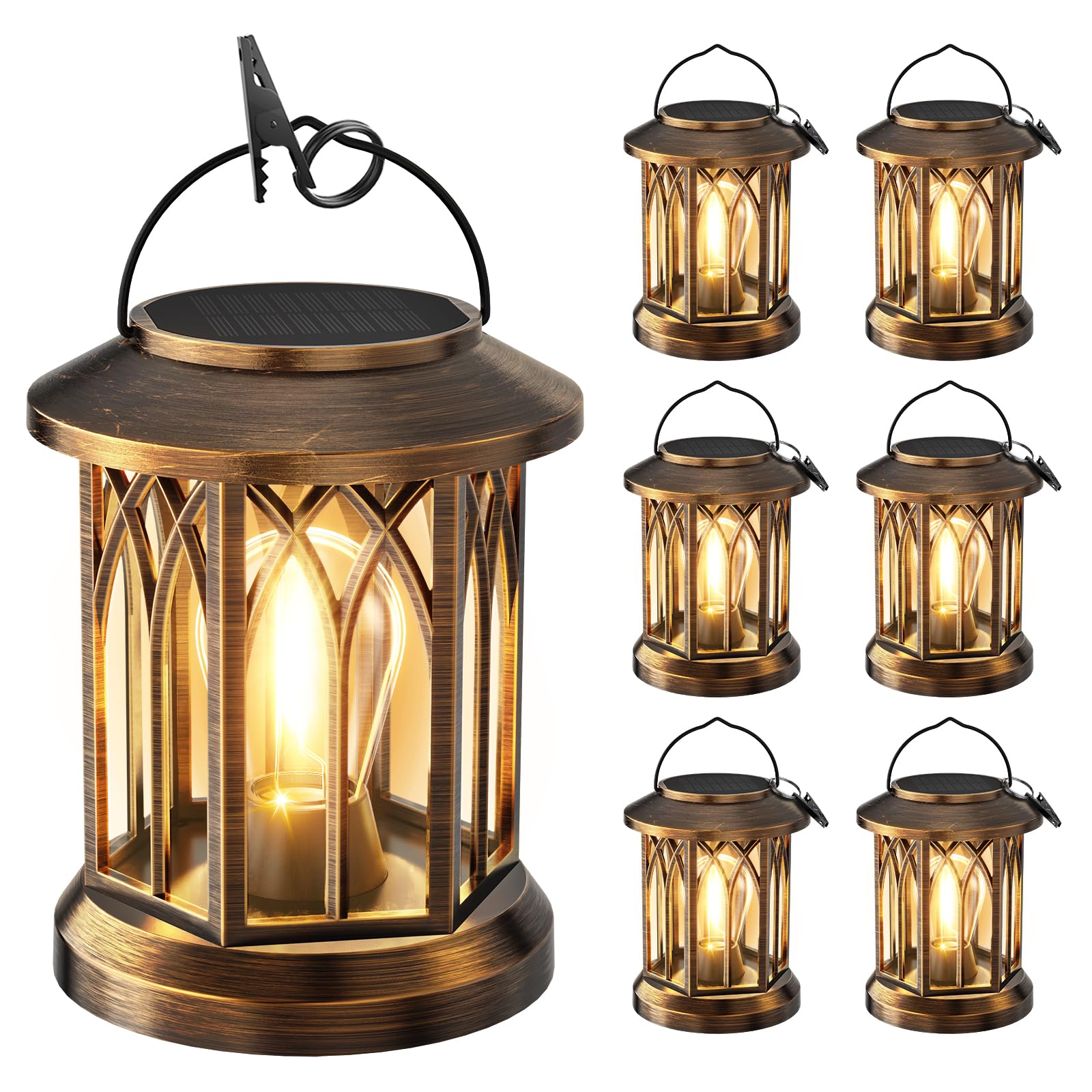 WdtPro Solar Lanterns Outdoor Lights, 6 Pack Bright Lanterns Outdoor Waterproof with Clip Patio Decor, Hanging Solar Lights for Outside Garden Yard Front Porch Table Decoration (Antique Copper)