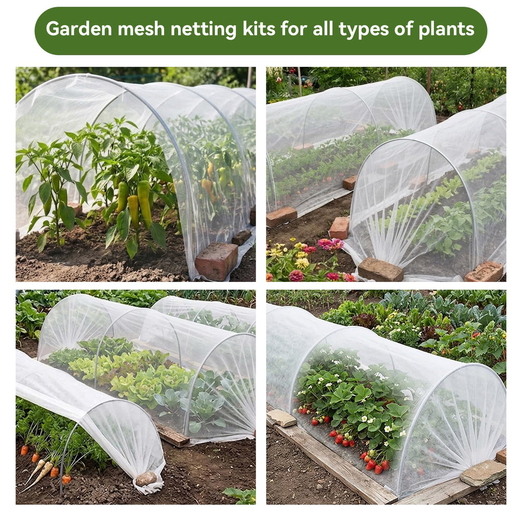 Garden Netting Kit for Raised Beds, 10x50FT Ultra Fine Mesh Netting＆ 6 Sets of 8FT Fiberglass Garden Hoops, Row Cover Insect Netting for Vegetable Plant Fruit Flowers Protection