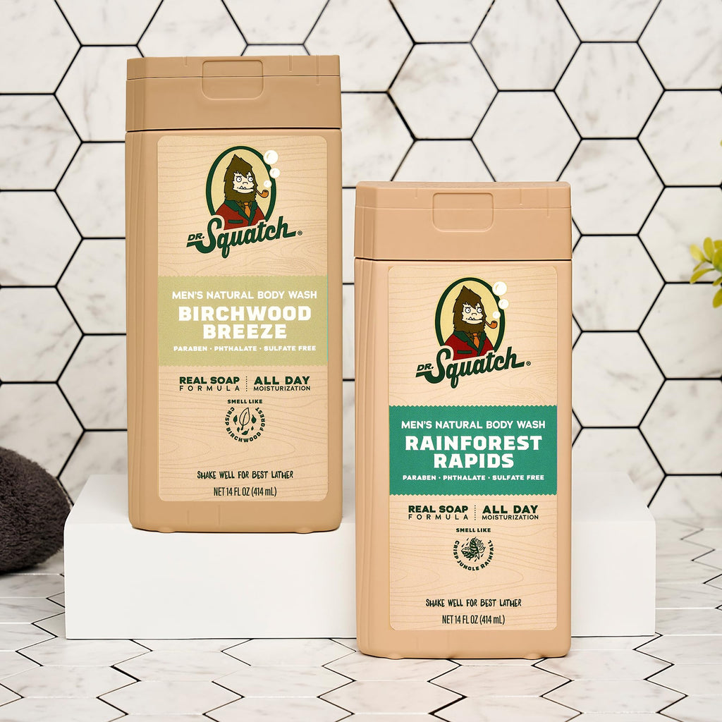 Dr. Squatch Natural Men's Body Wash Shower Gel - Cleansing, Nourishing, Long Lasting Scent, Moisturizing Body Wash for Men - Birchwood Breeze + Rainforest Rapids (14 oz, 2-Pack)