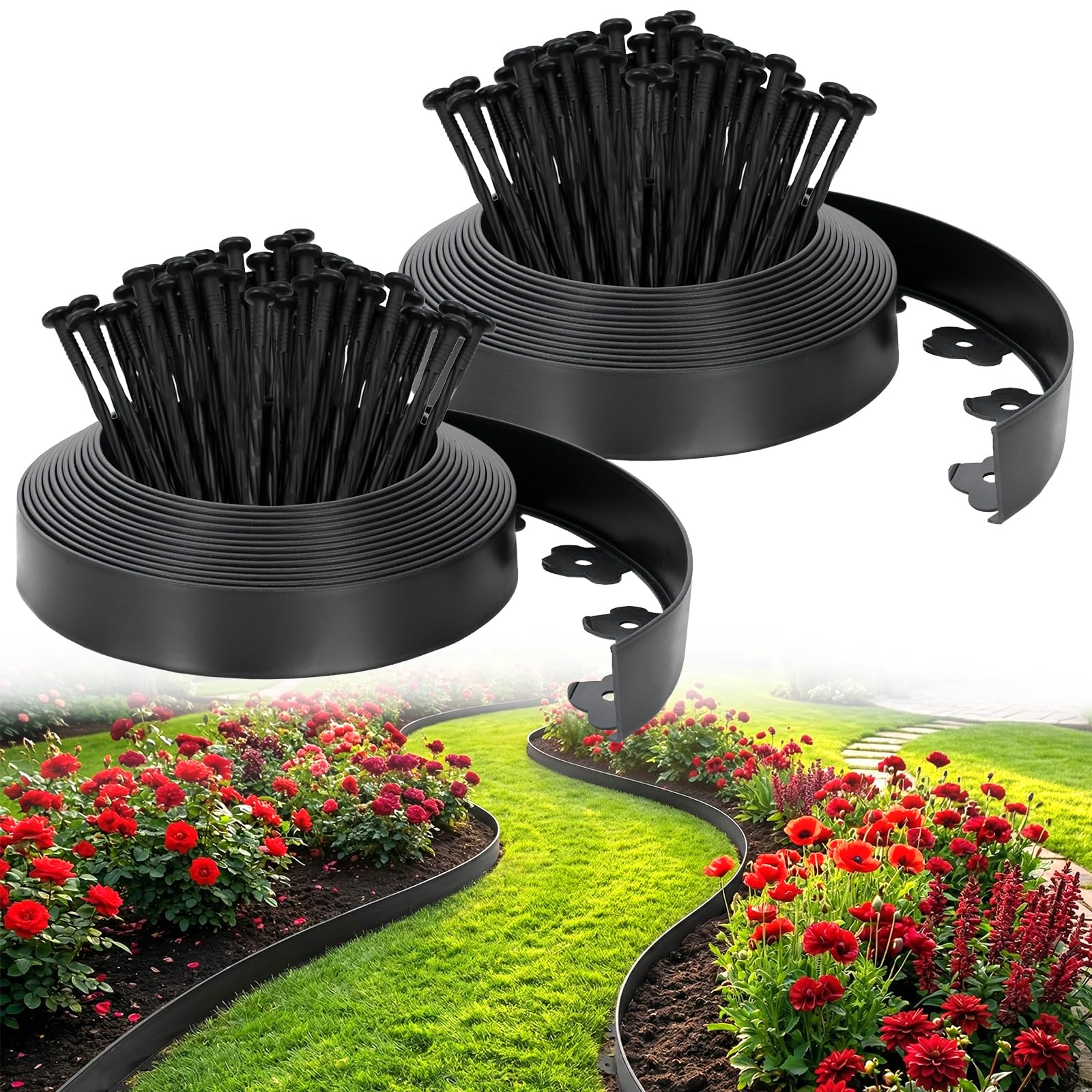 Velway No Dig Landscape Edging Kit 66FT with 100 Spikes Heavy Duty Black