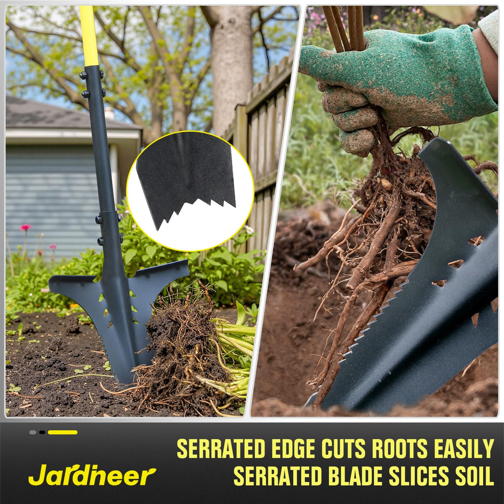 Jardineer Updated Root Shovel, Gardening Shovel Heavy Dutywith Serrated Edge and V-Cut Tip, 44.5" Digging Shovel for Gardening, Camping and Trenching, Ergonomic T-Handle Metal Shovel