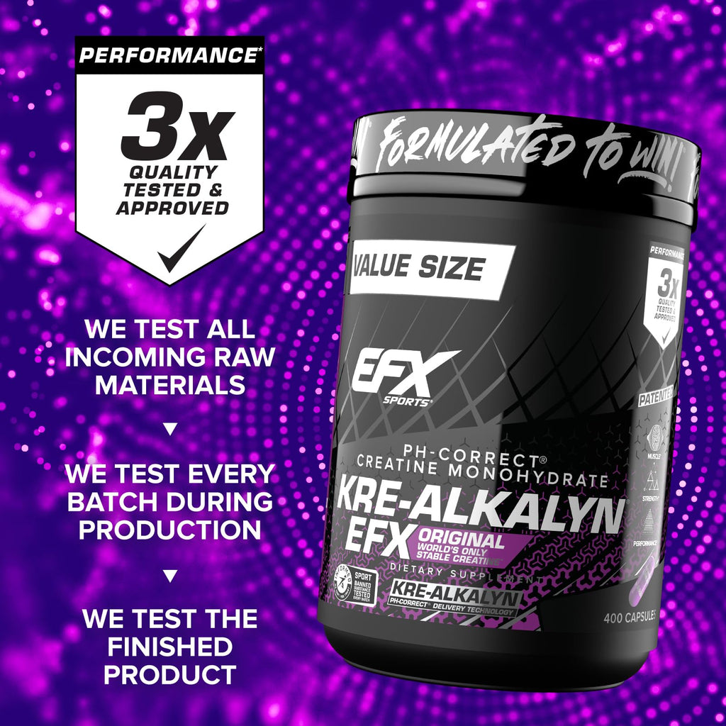 EFX Sports Kre-Alkalyn EFX | pH Correct Creatine Monohydrate Pill Supplement | Strength, Muscle Growth & Performance | 200 Servings, 400 Capsules