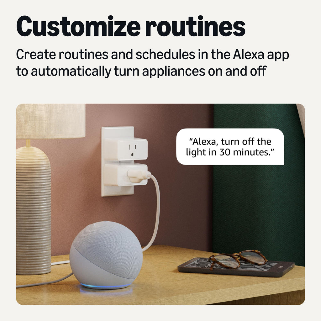 Amazon Basics Smart Plug, Works with Alexa Only, Voice Control, Remote APP Control, Schedule, Compact Design, Versatile, 2.4 GHz Wi-Fi, No Hub Required, 4-Pack, White
