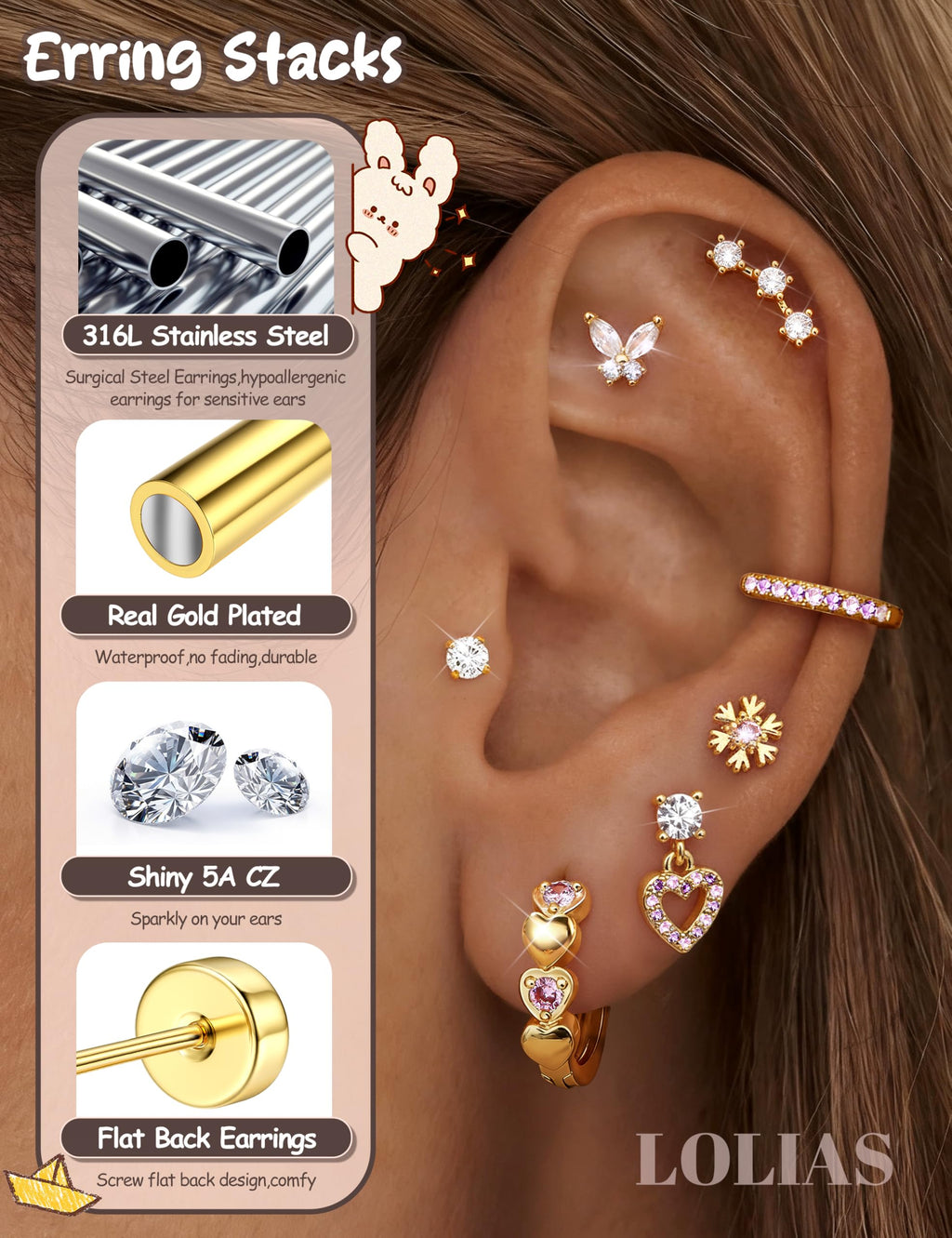 Surgical Steel Flat Back Earrings-Hypoallergenic Earrings for Girls Women