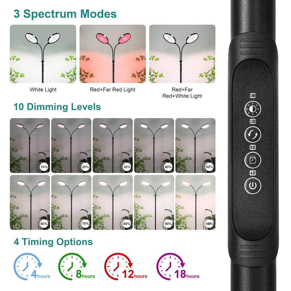 Dual Head Grow Light for Indoor Plants, Full Spectrum Floor Standing Plant Light, Remote Control & 4/8/12/18H Timer, 3 Modes 10 Dimmable Levels, Stable Base for Tall Plants Succulents Herbs, Black