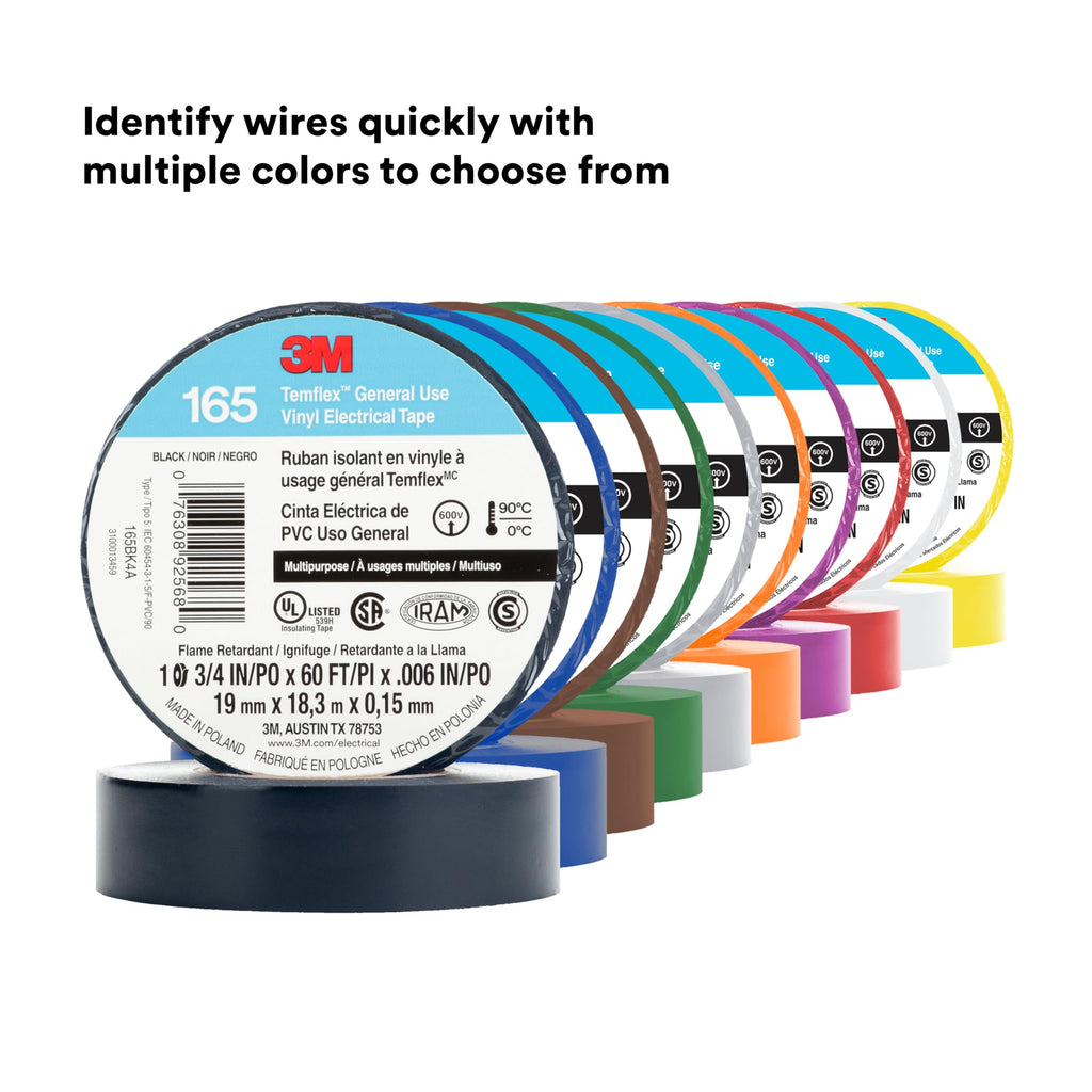 3M Temflex Multi-Purpose Vinyl Electrical Tape 165, Black, 3/4 in x 60 ft (19 mm x 18 m), 10 Roll Pack