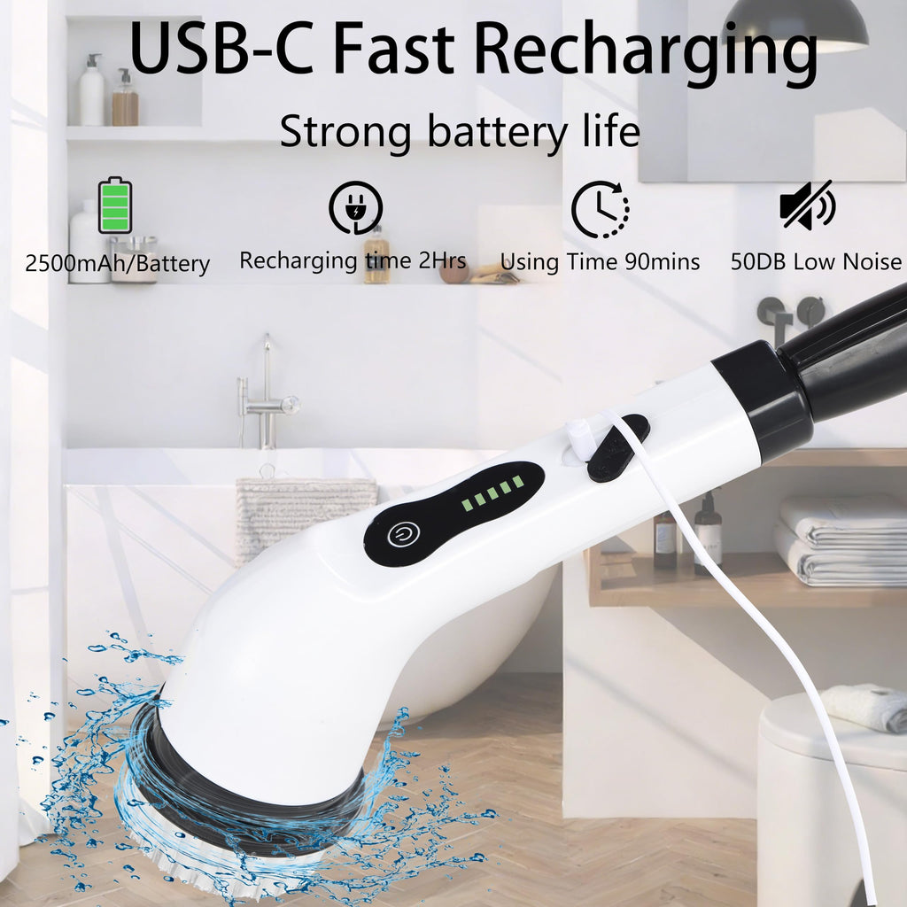 Electric Spin Scrubber Shower Cleaner Brush Cordless Power Cleaning 8 Brush Heads Extendable Handle 3 Adjustable 2 Speeds IPX7 Waterproof for Bathroom Kitchen