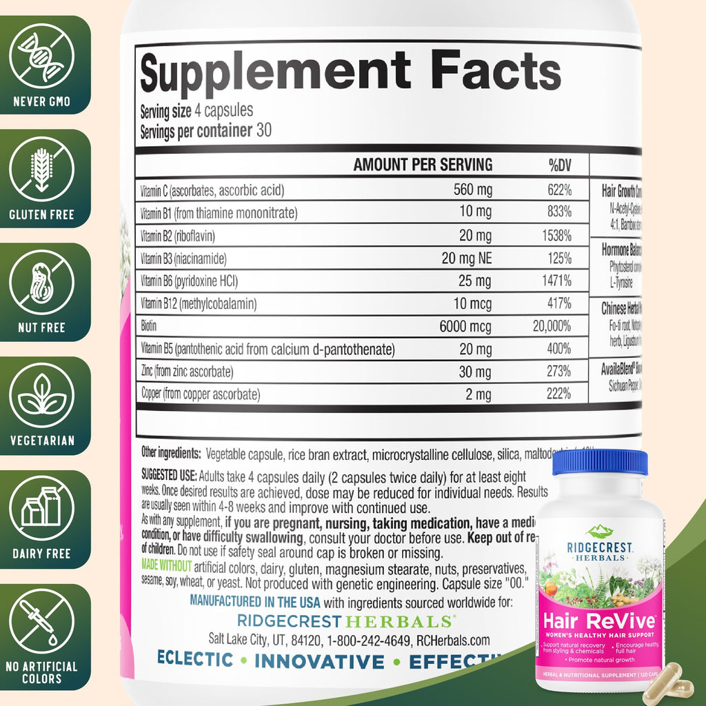 RidgeCrest Herbals Hair ReVive, Nutritional Hair Supplement with Vitamin C, Biotin (6000mcg), Zinc, and Copper, Hair Vitamins for Women to Support Healthy Hair, Skin, and Nails (120 Caps, 30 Servings)