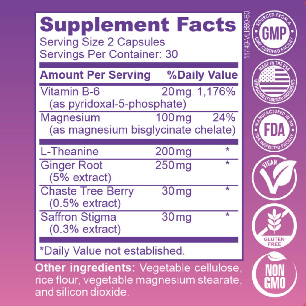Femanual SilentCycle | PMS + Mood Support Supplement with Chasteberry (Vitex), Saffron, Magnesium, L-Theanine, Vitamin B6, and Ginger - 60 Vegan Capsules