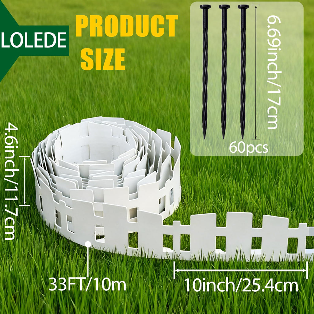 Garden Edging 33FT LOLEDE, 4.6IN Tall White Landscape Edging Border with 60 Stakes, Flexible Plastic Lawn Edging for Yard, Flower Beds,Tree Rings, Walkways & Garden Borders（Square-White）