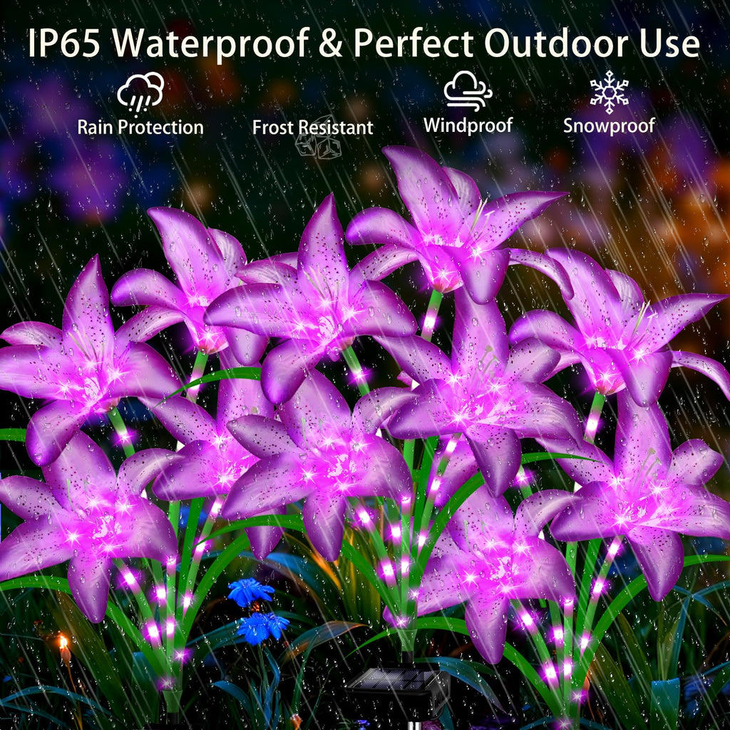 Solar Garden Lights 4 Pack 16 Purple Lily Flowers, Gifts for Mom Woman Birthday Outdoor Solar Flower Lights,Cemetery Flowers for Grave - Decorative Lilies for Yard, Patio, Pathway Decorations