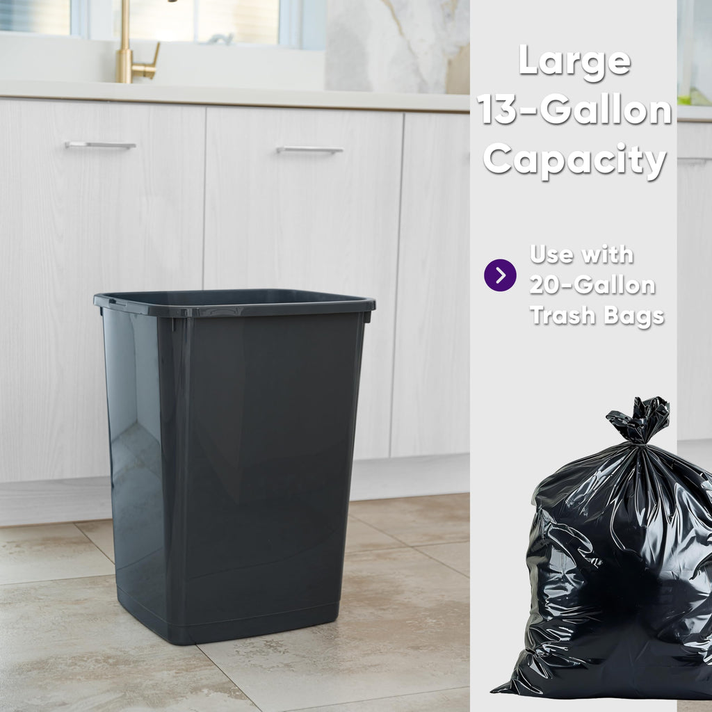 Superio Large Kitchen Trash Can 13 Gallon, 52 Qt Waste Bin for Kitchen, Garage, Indoor and Outdoor Trash Can, Dark Grey