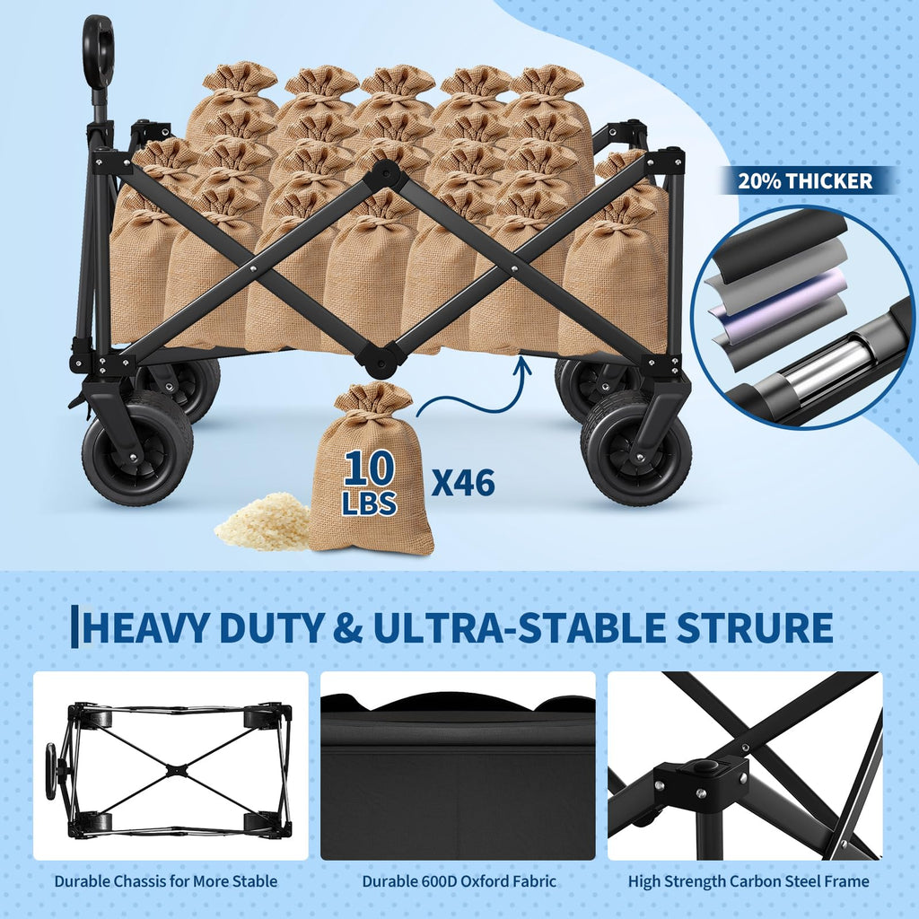 Wagon Carts Foldable, 460LBS Weight Capacity 280L Collapsible Wagon with All-Terrain Wheels, Drink Holders, Storage Cover&Elastic Rope, Utility Carts for Groceries, Shopping, Camping, Sports -Black