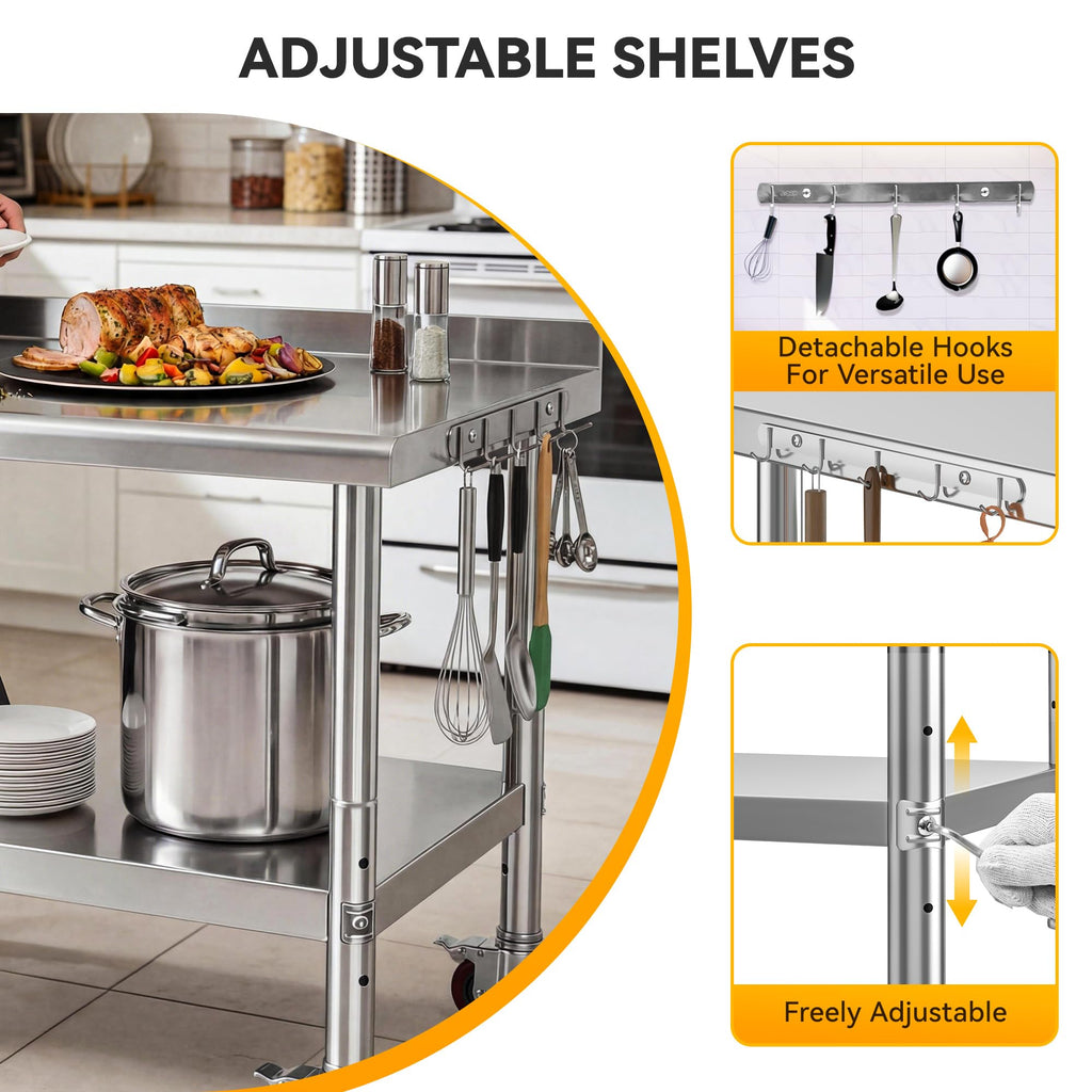 DWVO 36x24in Stainless Steel Table, NSF Metal Prep Worktable with Backsplash & Wheels for Kitchen Restaurant Hotel Garage Warehouse Home