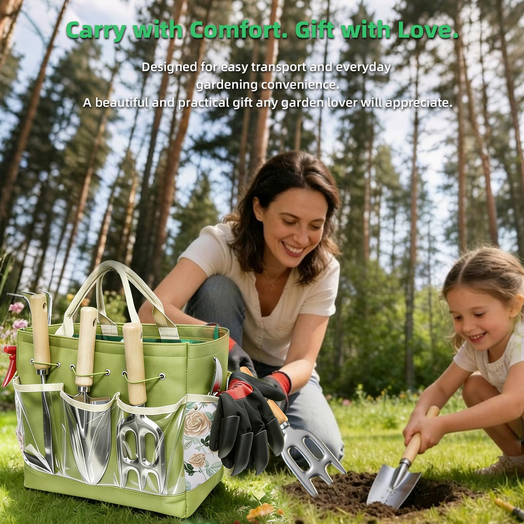 Garden Tools Set, 9-Piece Heavy Duty Gardening Tools with Clear Pocket Tote Bag, Stainless Steel Garden Hand Tools for Digging, Planting, Weeding and Pruning, Durable Gardening Kit