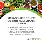 NaturesPlus Ultra Source of Life No-Iron Multivitamin - 180 Tablets - Supports Immune Health, Energy & Overall Well-Being - with Lutein & Vitamin D3 - Vegetarian & Gluten Free - 60 Servings