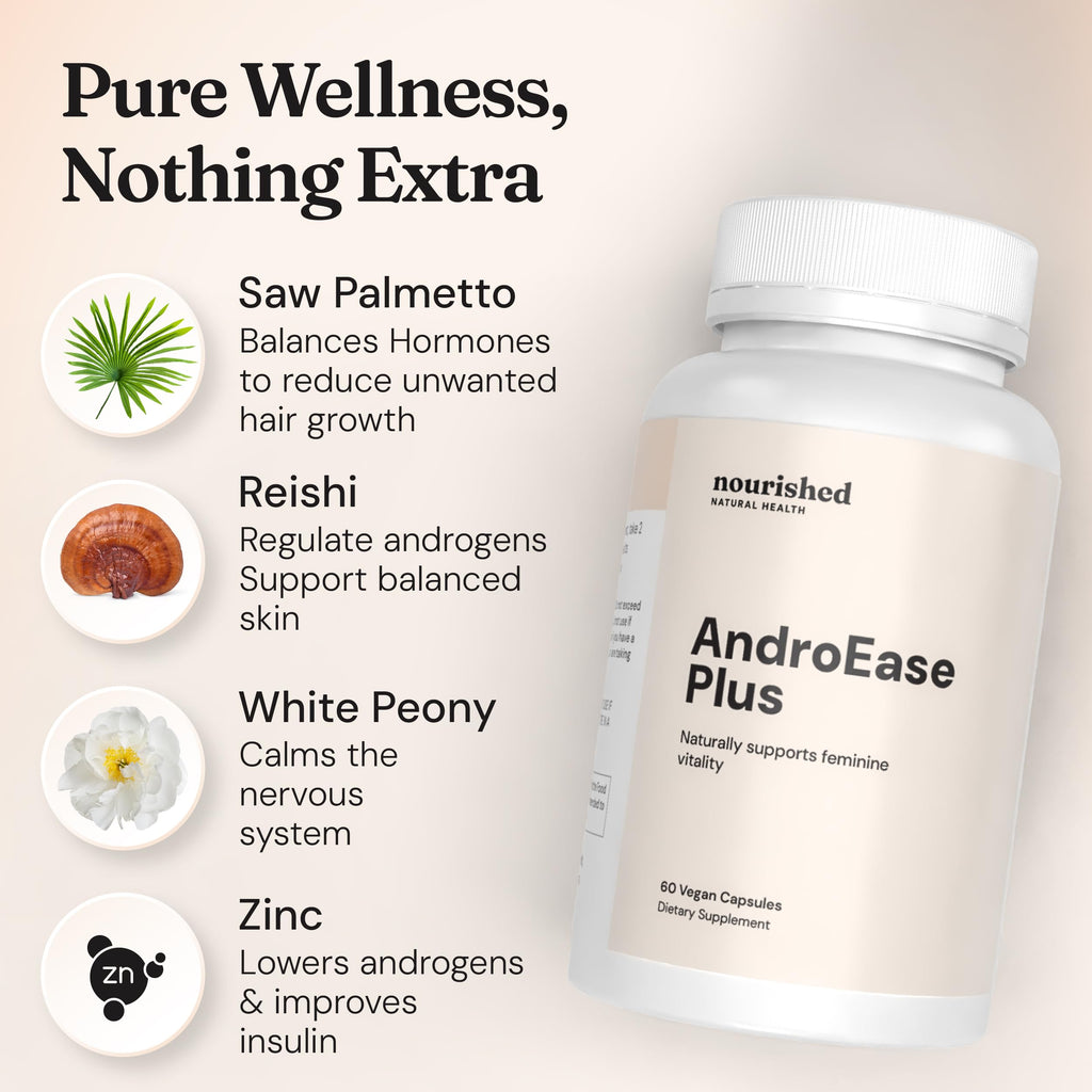Nourished AndroEase Plus - Vegan Hormone Balance for Women - Zinc, Reishi, Green Tea and Saw Palmetto for Women - for Energy, Vitality, Facial Hair and Daily Wellness - 60 Capsules, Made in USA
