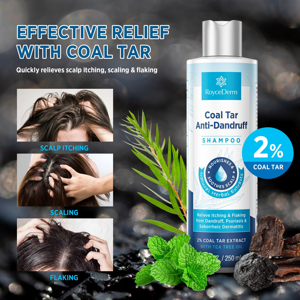 RoyceDerm Coal Tar Dandruff Shampoo: Extra Strength 2% Coal Tar Extract Medicated Gel for Rapid Scalp Hair Relief targets dandruff, psoriasis, and seborrheic dermatitis - Hydrating & Natural Fragrance