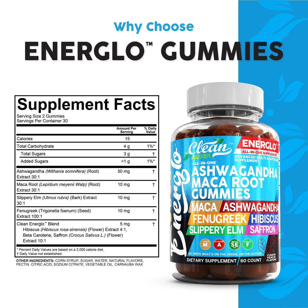 Ashwagandha Maca Root Gummies with Fenugreek Hibiscus Slippery Elm Saffron Extract & Beta Carotene | Peach Flavor Vegan Gummy Vitamins Adaptogen Cortisol Supplement Energlo by Clean Nutra (5)