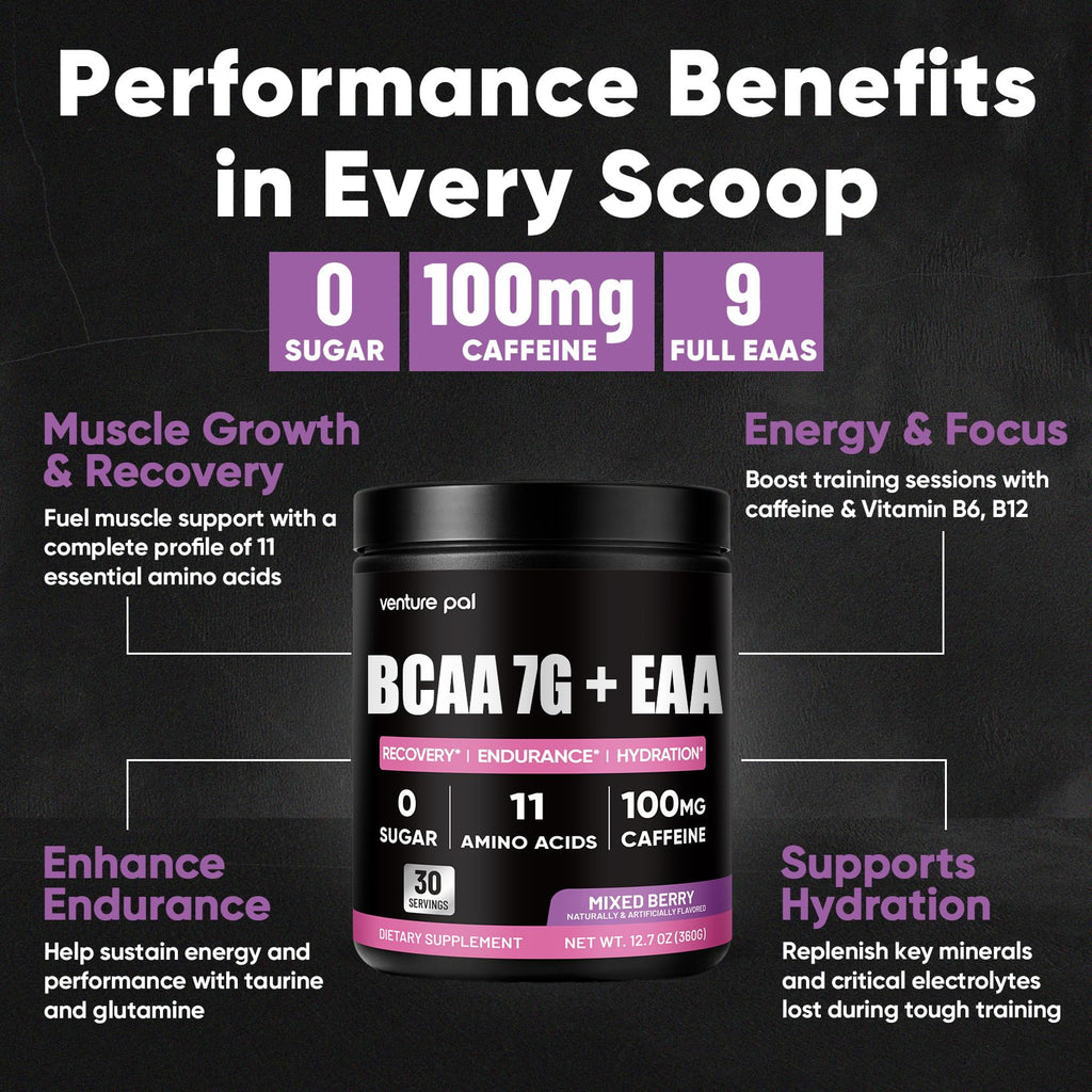 Sugar Free 7g BCAA + EAA Powder | Supports Muscle Recovery, Growth, Strength & Endurance – 9 Essential Amino Acids with L-Glutamine, Caffeine, Vitamin & Electrolyte for Energy & Hydration, Gluten Free