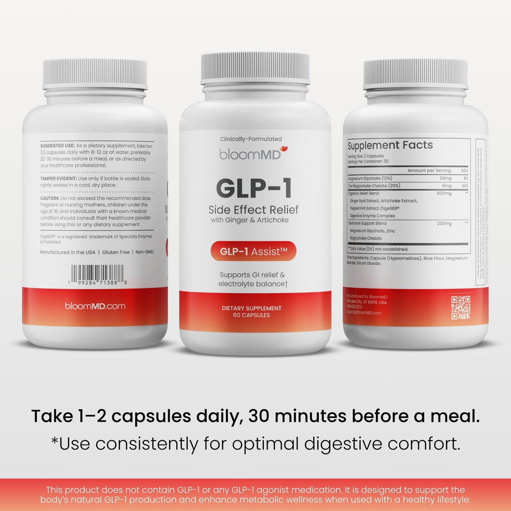 BloomMD GLP-1 Side Effect Relief Supplement – Support for Nausea, Bloating & Fatigue – Natural Digestive Support with Ginger, Magnesium, B12 & Electrolytes – for GLP-1 Users – 60 Capsules