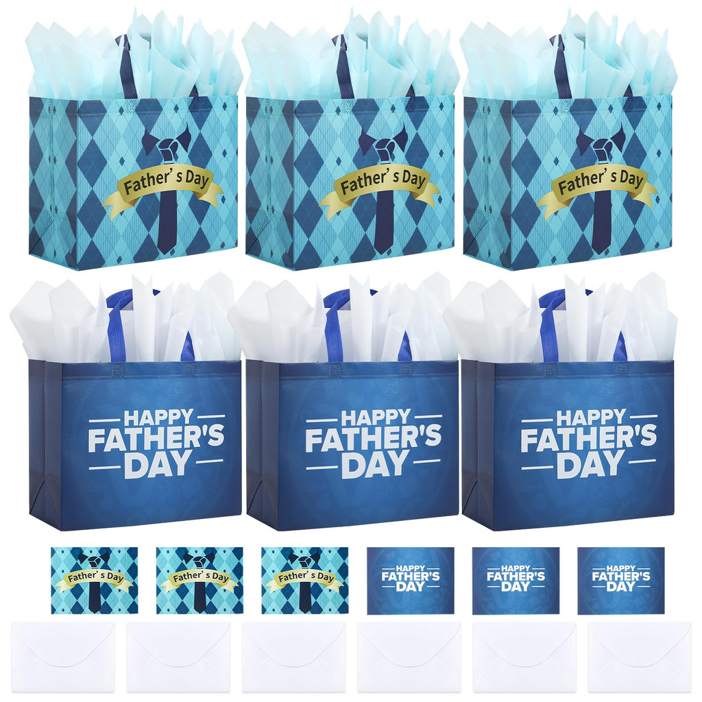 YANGTE 6 Pack 13" Fathers Day Gift Bags with Tissue Paper, Gift Bags Medium for Men Dad Father Grandpa, Happy Fathers Day Gift for Party Favor Supplies, 12.8"*10.2"*6.3"