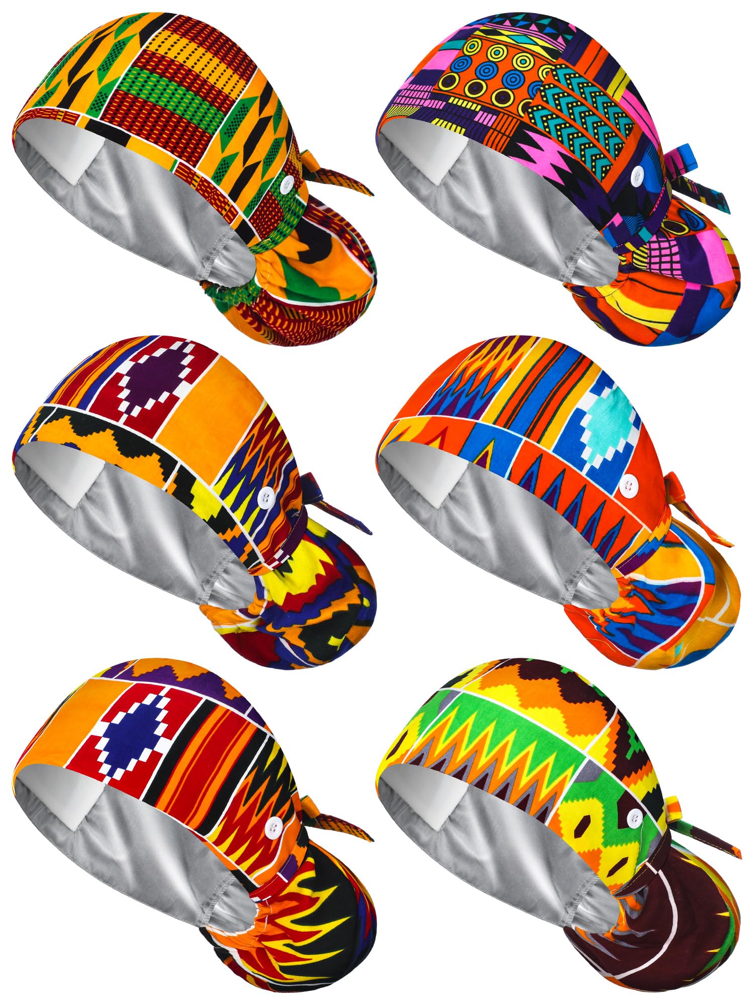 Floraltop 6 Pcs Satin Lined Scrub Caps Women Nurse Surgical Hat with Buttons Ponytail Working Adjustable Shower Caps Tie Back(African Style)