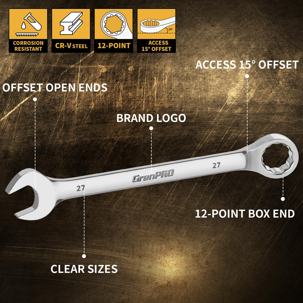 GRENPRO Metric Wrench Set, Large Wrench Set Metric and Standard, 7PC 23mm, 24mm, 26mm, 27mm, 30mm, 32mm Long Big Open End Wrench Tool Set Roll Up Pouch Organizer with Gauge, Combination Wrenches Sets