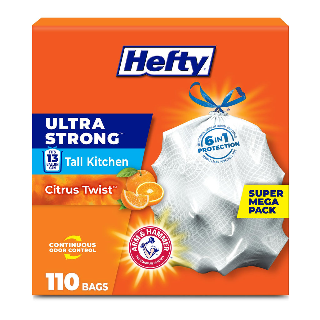 Hefty Ultra Strong 13 Gal Kitchen Trash Bags, White, Citrus Twist, 110ct