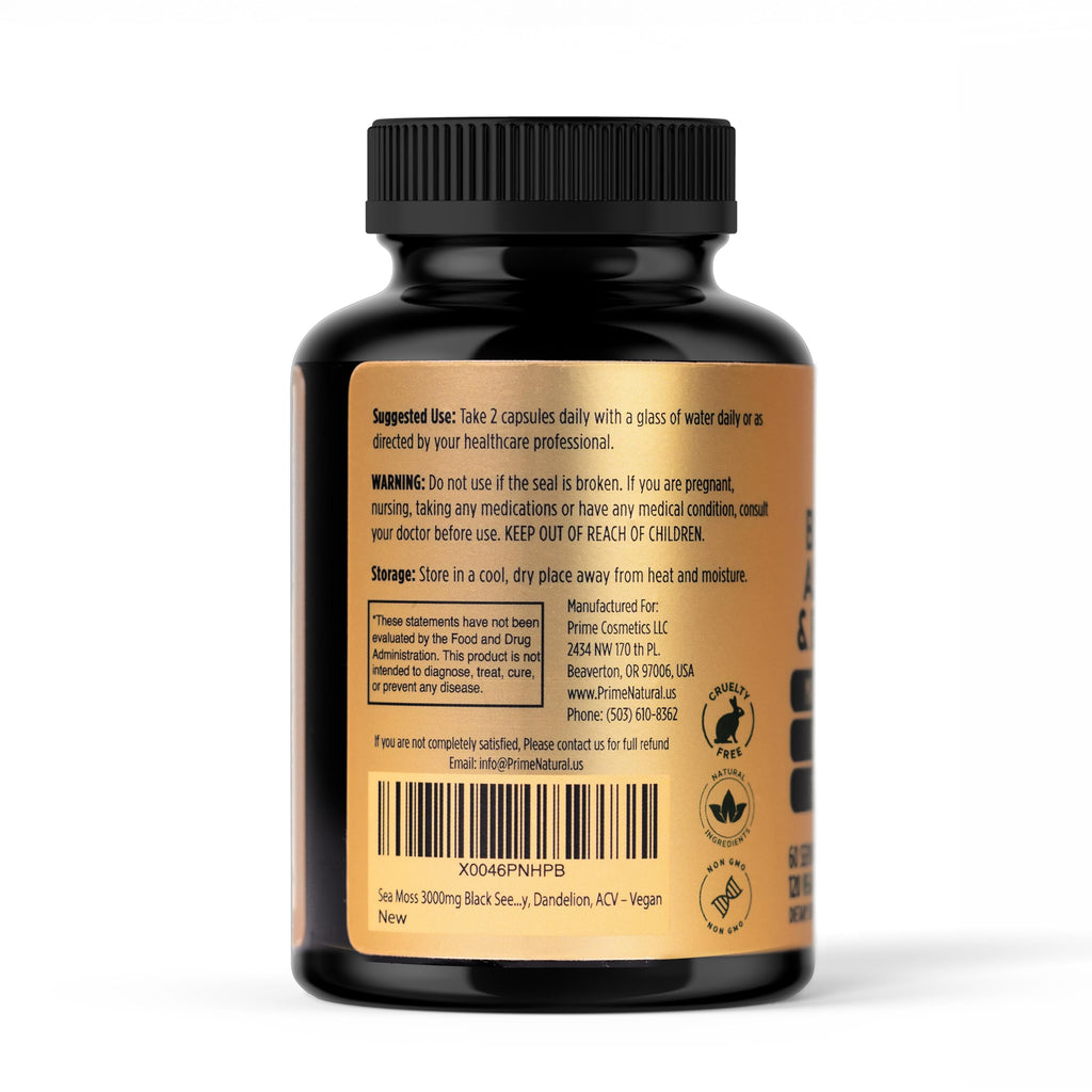 PRIME NATURAL Sea Moss 300mg Black Seed Oil 200mg Ashwagandha 100mg Turmeric Bladderwrack Burdock Manuka Honey Dandelion ACV - 120 Capsules | 60 Days Supply | Vegan