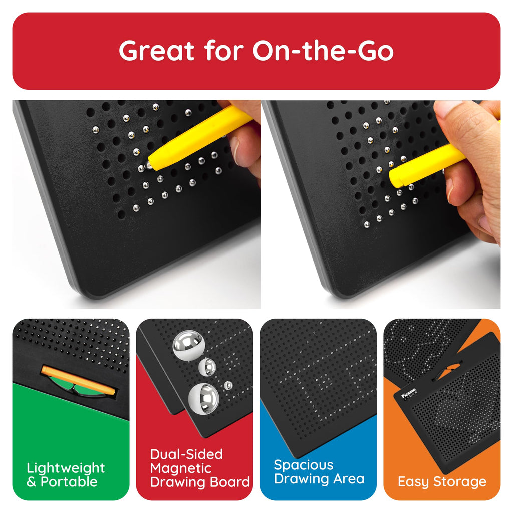 PicassoTiles 2-in-1 Magnetic Drawing Board Toy 12x10 inch Large Magnet Bead Tablet Pad with 2 Facings Alphabet STEM Free Style Educational Erasable & Reusable Learning Writing Playboard in Black PTB04