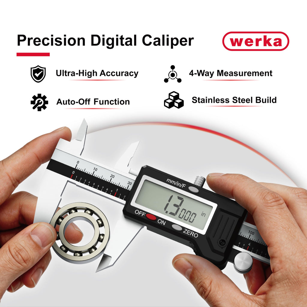 werka Digital Caliper, Calipers Measuring Tool, Auto-Off Micrometer Caliper with 0.001”High-Accuracy,Inch/Fraction/Millimeter Conversions Button,4 Measuring Ways, Stainless Steel (8 Inch)